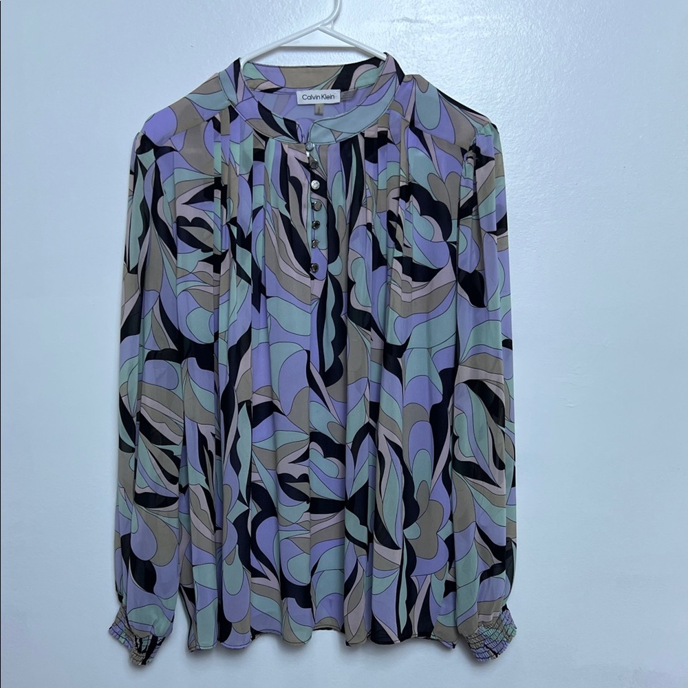 Calvin Klein Lavender Mint Abstract Print LS Blouse L Mock Neck Button Flowy Top